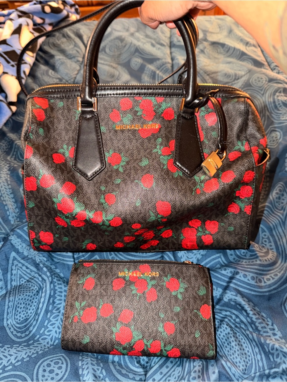 Michael Kors Black Satchel with Red Floral Print and Matching Wallet